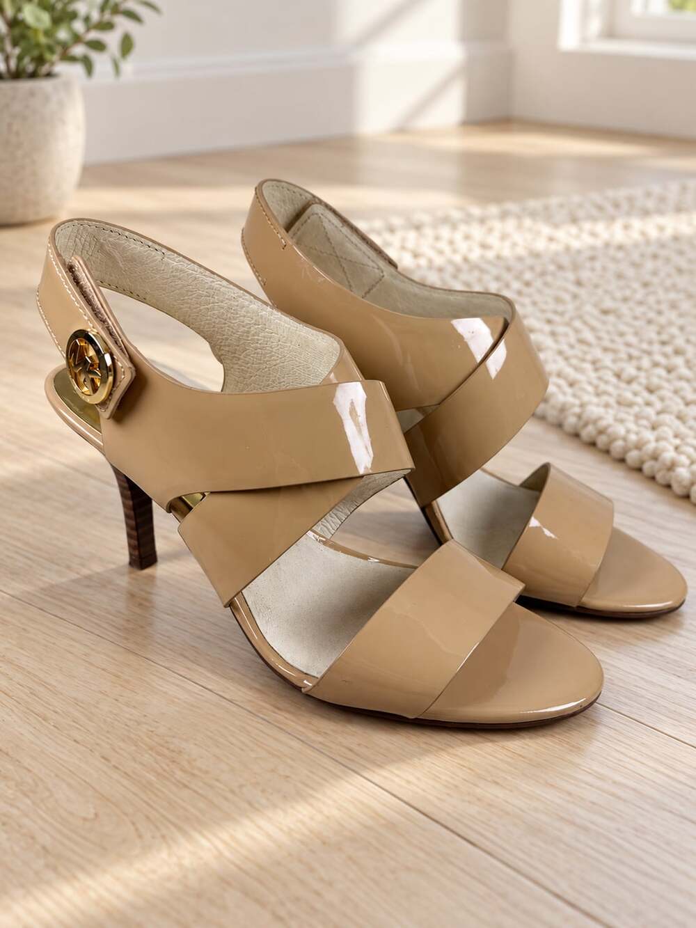 Michael Kors Tan Patent Leather Strappy Slingback Heels Velcro 6.5M